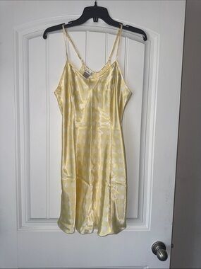 Cacique Yellow Satin Polka Dot Slip lingerie dress Sz Med